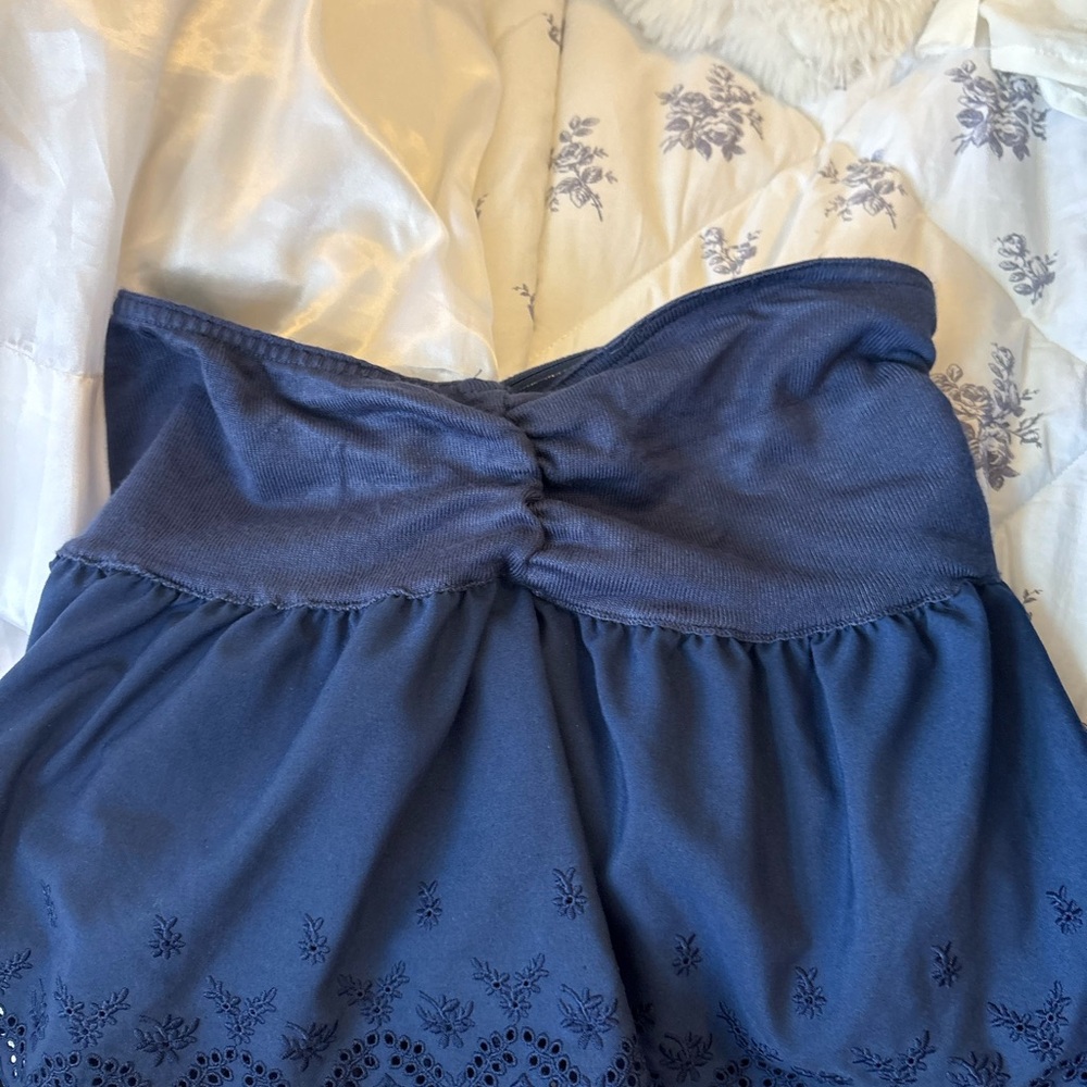 Blue Strapless Dress with Embroidered Hem